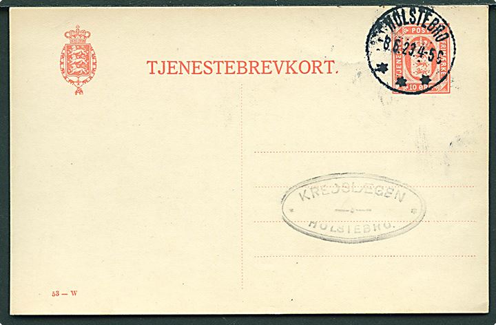 10 øre Tjenestebrevkort (fabr. 53-W) sendt lokalt i Holstebro d. 8.6.1923.