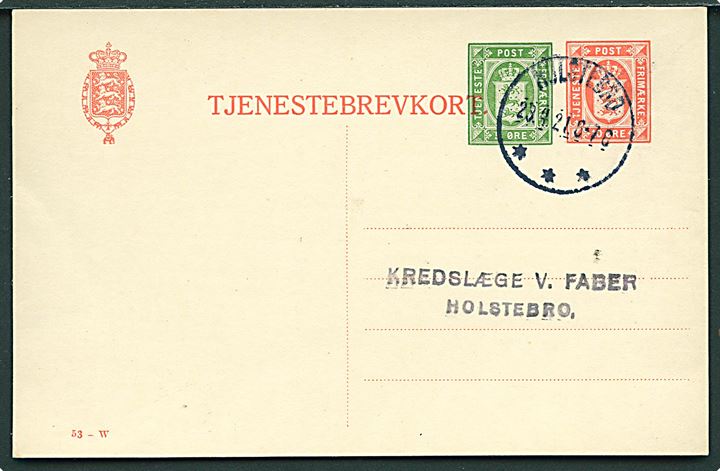 10+5 øre provisorisk Tjenestebrevkort (fabr. 53-W) sendt lokalt i Holstebro d. 23.4.1921.