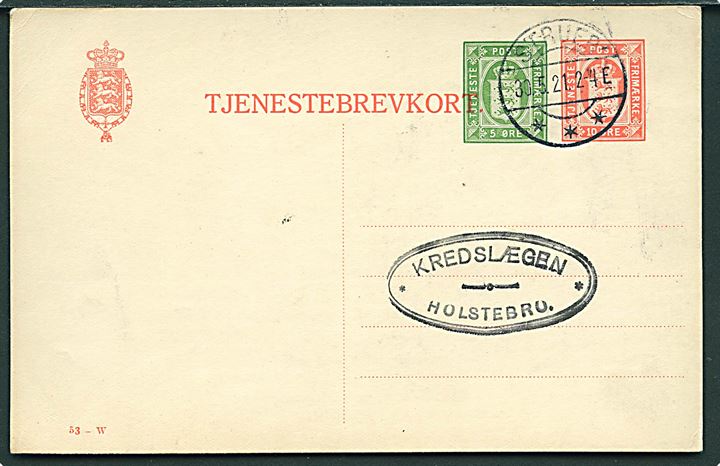 10+5 øre provisorisk Tjenestebrevkort (fabr. 53-W) dateret Ølby Præstegaard stemplet Struer d. 30.5.1921 til Holstebro.