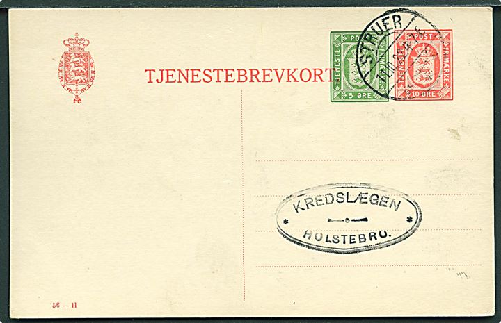 10+5 øre provisorisk Tjenestebrevkort (fabr. 56-H) fra Struer d. 11.10.1922 til Holstebro.