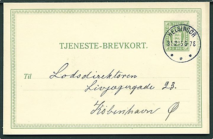 5 øre Tjenestebrevkort fra Helsingør d. 31.12.1915 til Lodsdirektøren i København. På bagsiden liniestempel: Helsingørs Lodseri.