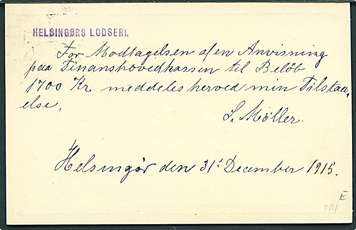 5 øre Tjenestebrevkort fra Helsingør d. 31.12.1915 til Lodsdirektøren i København. På bagsiden liniestempel: Helsingørs Lodseri.