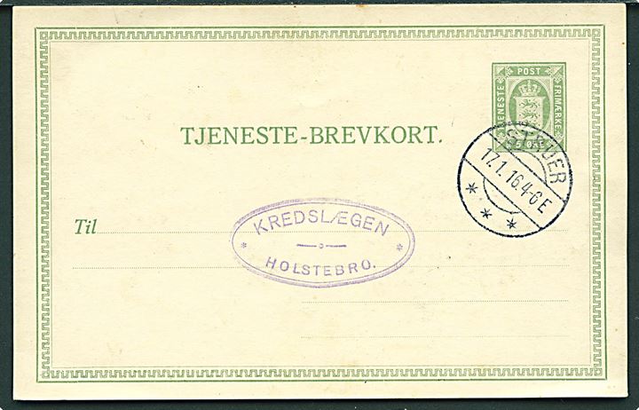 5 øre Tjenestebrevkort fra Struer d. 17.1.1916 til Holstebro.