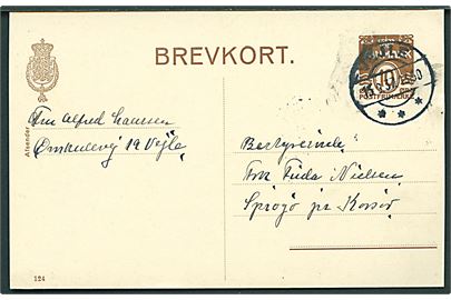 10 øre helsagsbrevkort (fabr. 124) fra Vejle d. 15.9.1937 til Kvindehjemmet på Sprogø pr. Korsør.