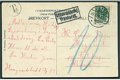 5 øre Fr. VIII på underfrankeret brevkort fra Vejen d. 20.7.1908 til Fjelstrup i Nordslesvig. Rammestempel Utilstrækkelig frankeret og udtakseret i 10 pfg. tysk porto.