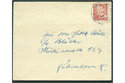 20 øre Fr. IX på brev stemplet Den danske Brigade / 3 / * i Tyskland * d. 3.5.1948 til København. Sendt fra forlægningen i Aurich.