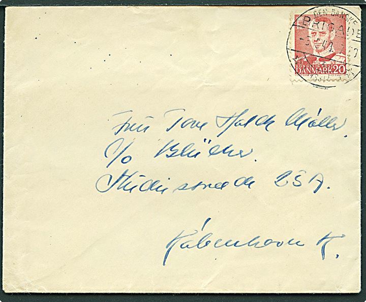 20 øre Fr. IX på brev stemplet Den danske Brigade / 3 / * i Tyskland * d. 3.5.1948 til København. Sendt fra forlægningen i Aurich.