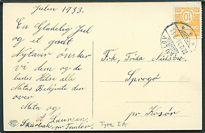 10 øre Bølgelinie på julekort annulleret med brotype Ic Taulov d. 22.12.1933 til kvindehjemmet på Sprogø pr. Korsør.