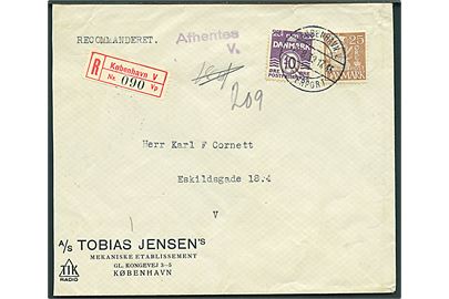 10 øre Bølgelinie og 25 øre Karavel på anbefalet lokalbrev annulleret med brotype IId København V. Vesterport d. 17.8.1939.