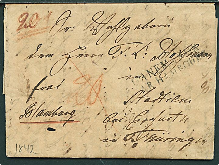 1842. Francobrev på illustreret brevpapir Der Bürger-Schützenhof Zu Lübeck dateret Grossenbrode d. 30.1.1842 via Hamburg d. 3.2.1842 til Stadtilm bei Erfurt. Stemplet DANEMARCK PAR HAMBOURG. Flere påtegninger. Skrøbeligt papir.