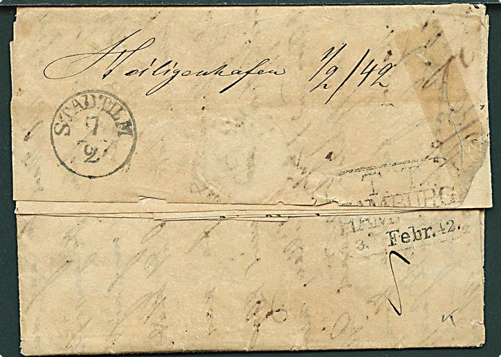 1842. Francobrev på illustreret brevpapir Der Bürger-Schützenhof Zu Lübeck dateret Grossenbrode d. 30.1.1842 via Hamburg d. 3.2.1842 til Stadtilm bei Erfurt. Stemplet DANEMARCK PAR HAMBOURG. Flere påtegninger. Skrøbeligt papir.