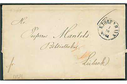 1864. Ufrankeret 6 sk. francobrev fra Det store kongl. Bibliotek med antiqua Kjøbenhavn d. 1.10.1864 til Lübeck. Ank.stemplet K.D.O.P.A. d. 3.10. Påskrevet 1/2 med rødkridt. Fuldt indhold. 
