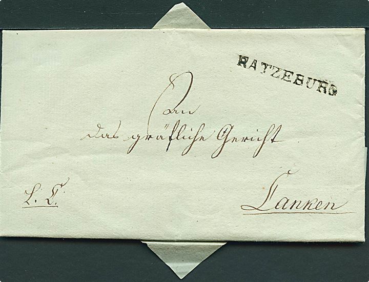 1822. Tjenestebrev med indhold dateret 16.6.1822 med liniestempel Ratzeburg til Lanken. På bagsiden stort kongeligt papirsegl.