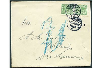 5 øre Chr. X i parstykke med tydelig automatafskæringer på brev fra Aarhus d. 11.12.1914 til Kullerup pr. Lamdrup.