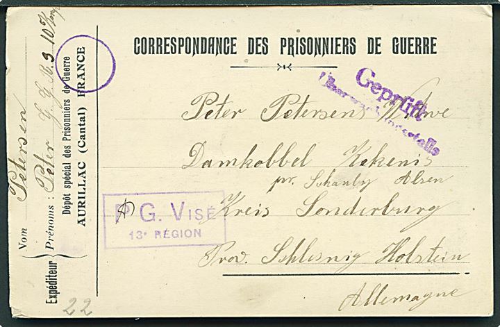 Fortrykt krigsfangebrevkort dateret d. 15.7.1917 fra sønderjysk soldat Peter Petersen i særlejren Aurillac i Frankrig til Skovby på Als. Violet lejrcensur og tysk censur.