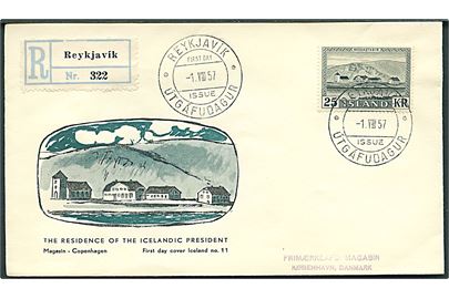 25 kr. Præsidentbolig single på anbefalet FDC fra Reykjavik d. 1.7.1957 til København, Danmark.