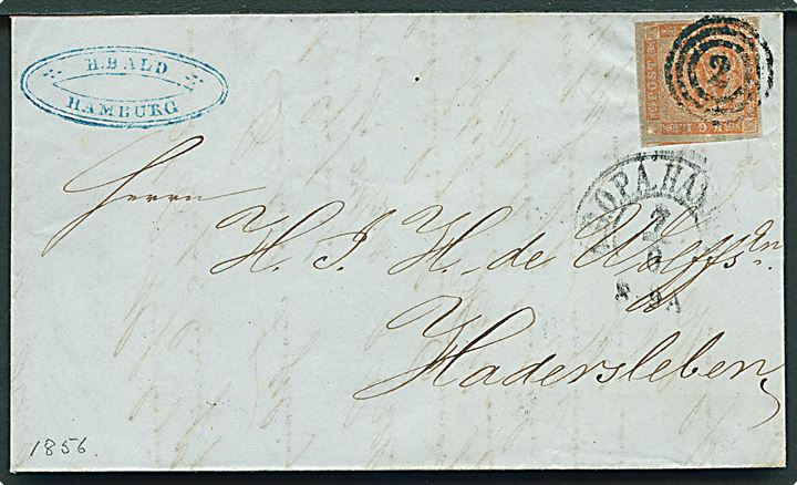 4 sk. 1854 udg. på brev annulleret med nr.stempel 2 og sidestemplet K.D.O.P.A. Hamburg d. 7.6.1856 til Haderslev.
