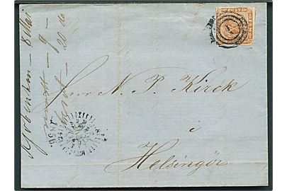 4 sk. 1854 udg. på brev annulleret med nr.stempel 1 og sidestemplet med kompasstempel i Kjøbenhavn d. 8.5.1856 til Helsingør.