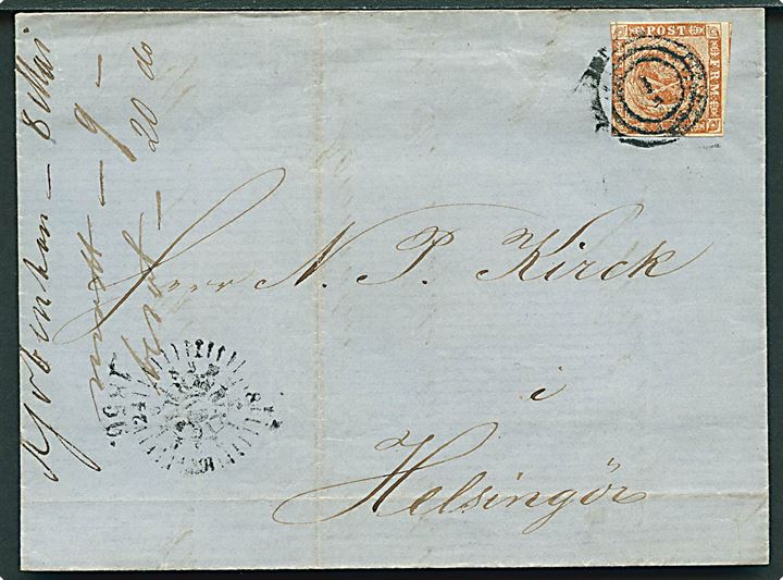 4 sk. 1854 udg. på brev annulleret med nr.stempel 1 og sidestemplet med kompasstempel i Kjøbenhavn d. 8.5.1856 til Helsingør.