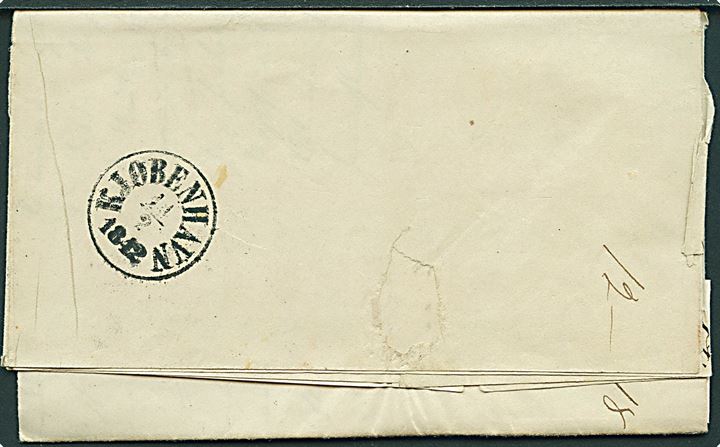 1842. Portobrev med antiqua Kjøbenhavn d. 11.2.1842 til Randers. Påskrevet 5 sk. for sen indlevering.