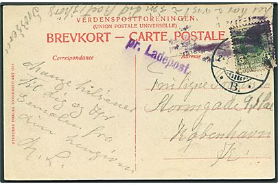 5 øre Fr. VIII på brevkort fra Næstved annulleret Kjøbenhavn B. d. 2.9.190x og sidestemplet med violet liniestempel pr. Ladepost til Kjøbenhavn. Stempel registreret anvendt 1905-1908. 