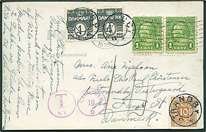 Amerikansk 1 cent i parstykke på underfrankeret brevkort 1935 til Strandby pr. Farsø, Danmark. Udtakseret i 12 øre porto med 1 øre Bølgelinie (par) anvendt som Portomærke og 10 øre Portomærke annulleret med udslebet stjernestempel STRANDBY.