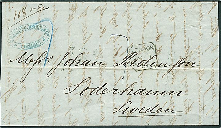 1861. Ufrankeret portobrev fra London d. 7.5.1861 via det svensk-norsk postkontor Hamburg d. 9.5.1861 og Stockholm til Söderhamn. Påskrevet 108 öre porto.