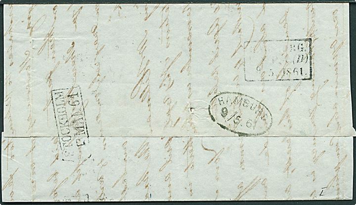1861. Ufrankeret portobrev fra London d. 7.5.1861 via det svensk-norsk postkontor Hamburg d. 9.5.1861 og Stockholm til Söderhamn. Påskrevet 108 öre porto.