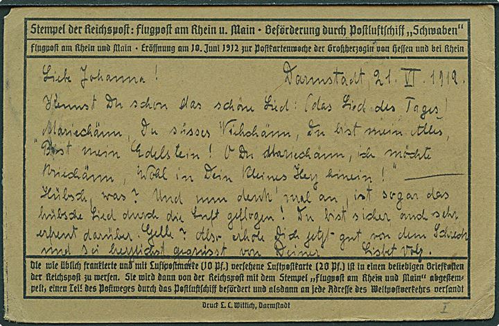 5 pfg. Germania og 10 pfg. Erste Deutsche Luftpost Rhein på officielt flyvningsbrevkort stemplet Flugpost am Rhein u. am Hain Darmstadt d. 21.6.1912 til Darmstadt. Hængsel rester.