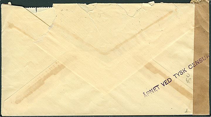 10 øre Løve i parstykke på brev fra Lillehammer d. 3.6.1940 til Stockholm. Åbnet af tidlig tysk censur med neutral brun banderole stemplet: Åpnet ved tysk censur. Flosset i overkanten.
