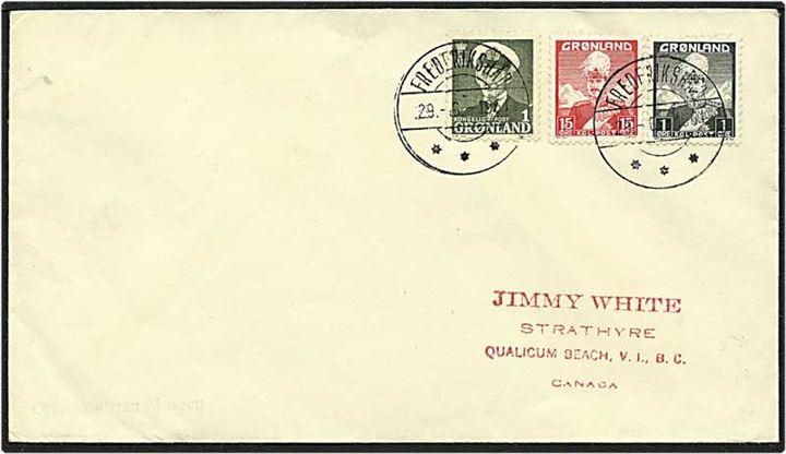1 øre grønsort og 15 øre rød Chr. X samt 1 øre grønsort Fr. IX på brev fra Frederikshåb d. 29.6.1961 til Canada.
