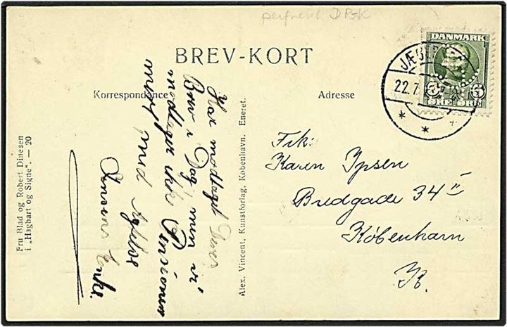 5 øre grøn Fr. VII på postkort fra Jægerspris d. 22.7.1908 til København. Mærket med perfin D65.