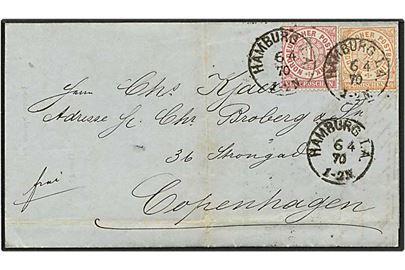 ½ groschen orange og 1 groschen rød på brev fra Hamburg, Tyskland, d. 6.4.1870 til København.