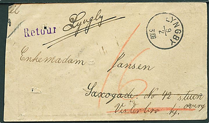 1895. Ufrankeret brev Aandssvageanstalten ved Lyngby med lapidar Lyngby d. 9.2.1895 til Kjøbenhavn. Udtakseret i 16 øre porto. Retur til Lyngby med påtegning: Modtagelse nægtet.
