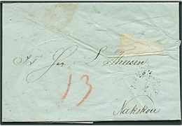 1846. Portobrev med antiqua Kjøbenhavn d. 9.6.1846 til Nakskov. Kontrolvejet med vandret streg og påskrevet 13 skilling porto.