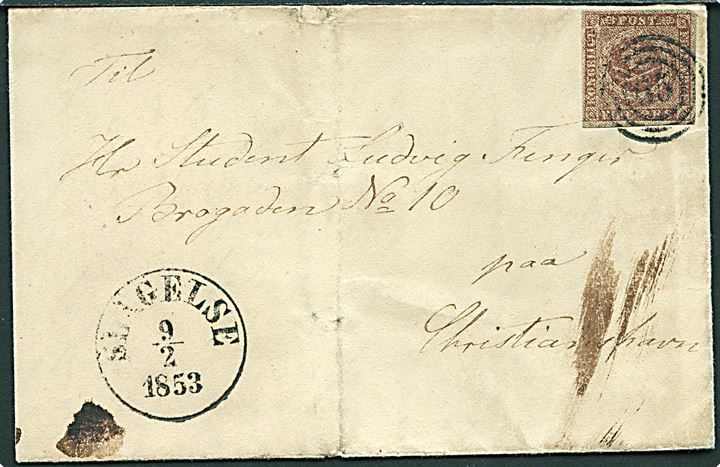 4 R.B.S. Thiele I på brev annulleret med nr.stempel 65 og sidestemplet antiqua Slagelse d. 9.2.1853 til Christianshavn. 