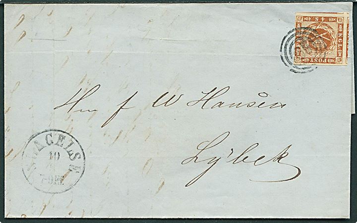 4 sk. 1858 udg. på brev annulleret med nr.stempel 65 og sidestemplet antiqua Slagelse d. 10.8.1862 til Lübeck. På bagsiden ank.stemplet K.D.O.P.A. No.3 d. 11.8.1862.