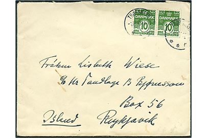 10 øre Bølgelinie i parstykke på brev annulleret med brotype IIIc Thorshavn d. 1.12.1930 til Reykjavik, Island.