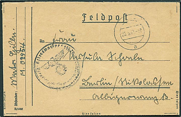 Ufrankeret feltpost brev med stumt stempel d. 28.5.1943 til Berlin. Fra Feltpost M 02954 (= Kreuzer Emden). Svagt briefstempel.