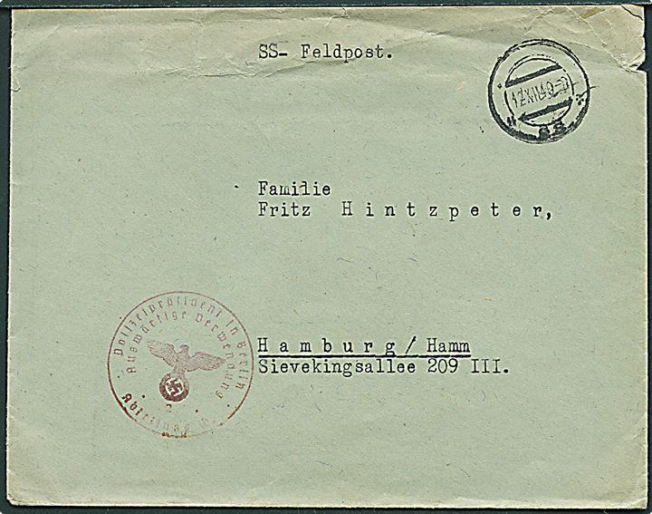 Ufrankeret SS-feltpostbrev med stumt stempel d. 12.12.1940 til Hamburg. Fra Pol.Hw. i Ausb. Batl. Warschau med briefstempel: Polizeipräsident in Berlin / Auswärtige Verwendung / Abteilung W.