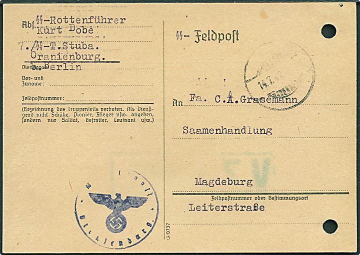 Ufrankeret SS-feltpost brevkort med stumt stempel d. 14.7.1942 til Magdeburg. Fra SS-Rottenführer i 7./SS-T.Stuba, Oranienburg. Briefstempel: SS-Feldpost / Oranienburg. 2 arkivhuller.