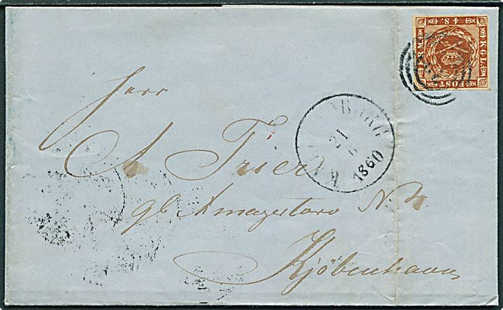 4 sk. 1858 udg. på brev annulleret med nr.stempel 32 og sidestemplet Kallundborg d. 26.1.860 til Kjøbenhavn.