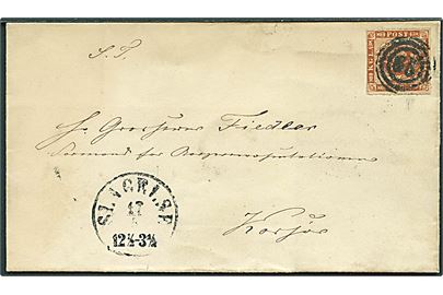 4 sk. stukken kant (klippet i venstre side) på brev annulleret med nr.stempel 65 og sidestemplet antiqua Slagelse d. 17.5.1863 til Korsør.
