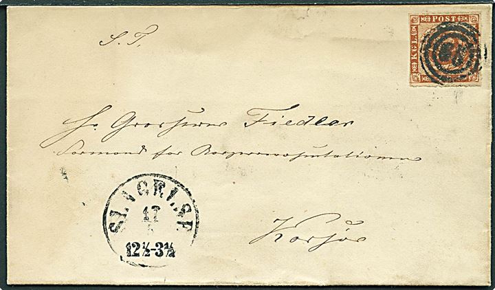 4 sk. stukken kant (klippet i venstre side) på brev annulleret med nr.stempel 65 og sidestemplet antiqua Slagelse d. 17.5.1863 til Korsør.