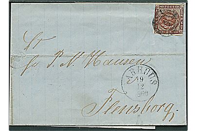4 sk. 1858 udg. på brev annulleret med nr.stempel 5 og sidestemplet antiqua Aarhuus d. 19.12.1860 til Flensburg.