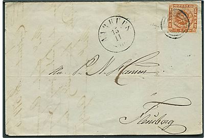 4 sk. 1858 udg. på brev annulleret med nr.stempel 5 og sidestemplet antiqua Aarhuus d. 15.10.1862 til Flensburg.
