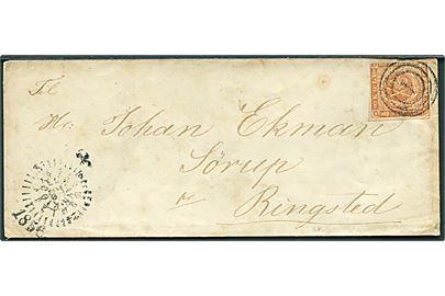 4 sk. 1854 udg. på brev annulleret med nr.stempel 1 og sidestemplet med kompasstempel i Kiøbenhavn d. 6.x.1856 til Sørup pr. Ringsted.