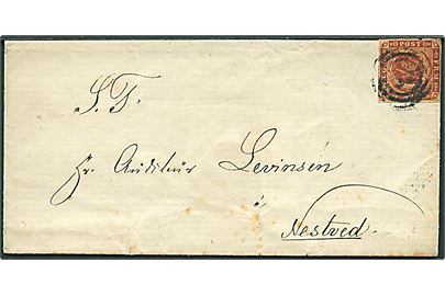 4 sk. 1858 udg. på brev annulleret med nr.stempel 55 og sidestemplet på bagsiden Ribe d. 23.3.1860 til Næstved.