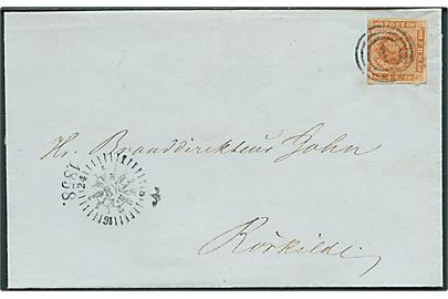 4 sk. 1858 udg. på brev annulleret med nr.stempel 1 og sidestemplet med kompasstempel Kiøbenhavn d. 8.10.1858 til Roskilde.