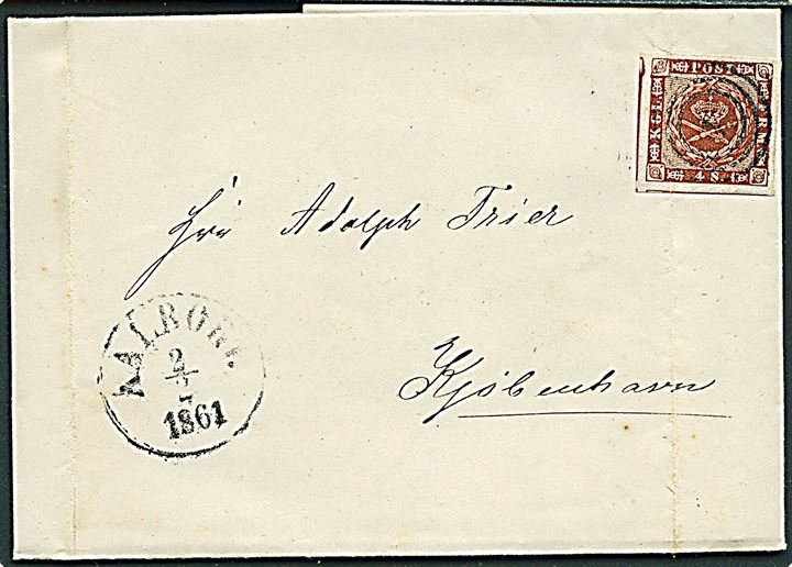 4 sk. 1858 udg. på brev annulleret med nr.stempel 4 og sidestemplet antiqua Aalborg d. 2.2.1861 til Kjøbenhavn.